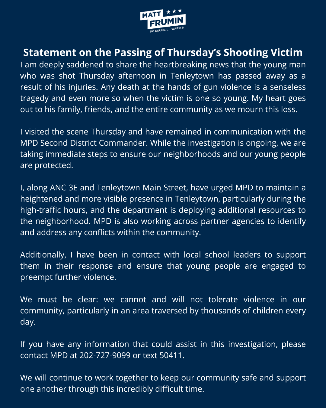 Statement on the Passing of Thursday’s Shooting Victim