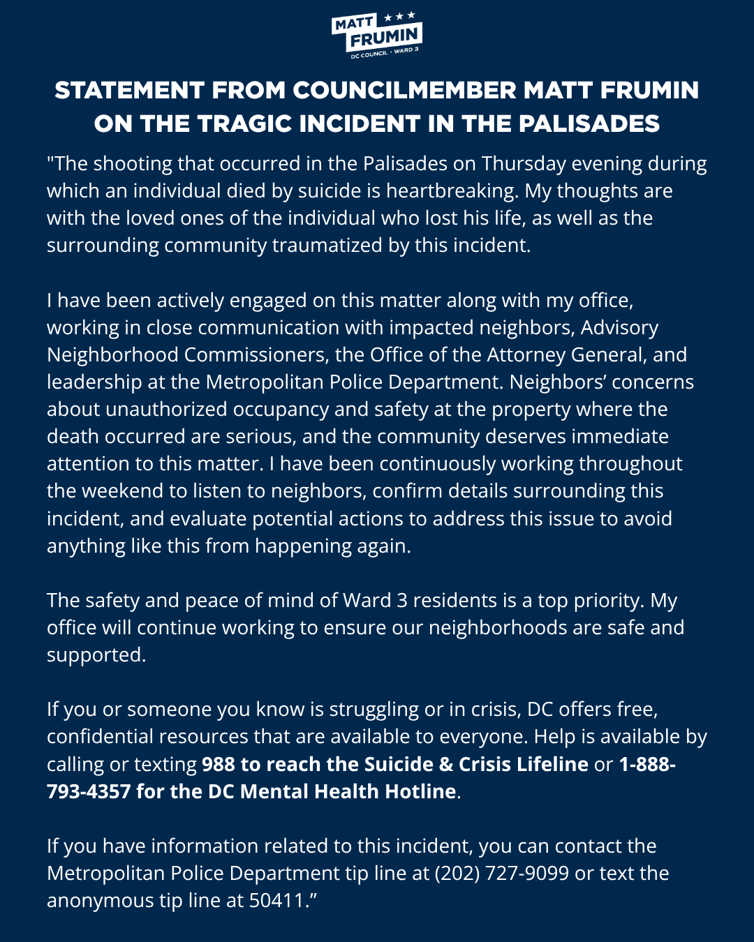 STATEMENT ON THE TRAGIC INCIDENT IN THE PALISADES